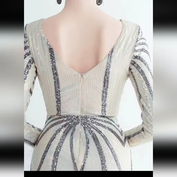 Gray and Cream Backless Embellished Gown with Bishop Sleeves - Picture 8 of 14